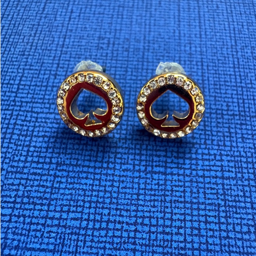 Kate Spade Pave Crystal Spade Cutout Gold Tone Stud Earrings Classic Logo - Picture 2 of 3